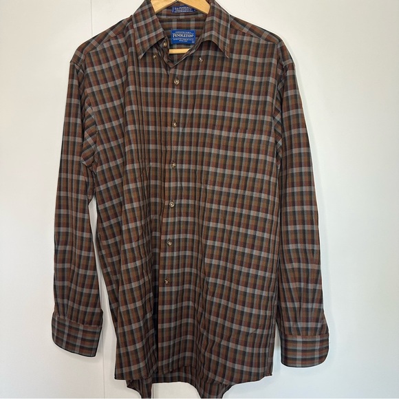 🎆 Pendleton 100% wool Plaid button down shirt Large long sleeve brown black tan - Picture 1 of 6